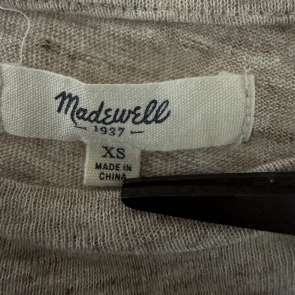 Madewell Top Womens XS Beige Linen Striped Short Sleeve Crewneck Coastal Beachy - Picture 4 of 10